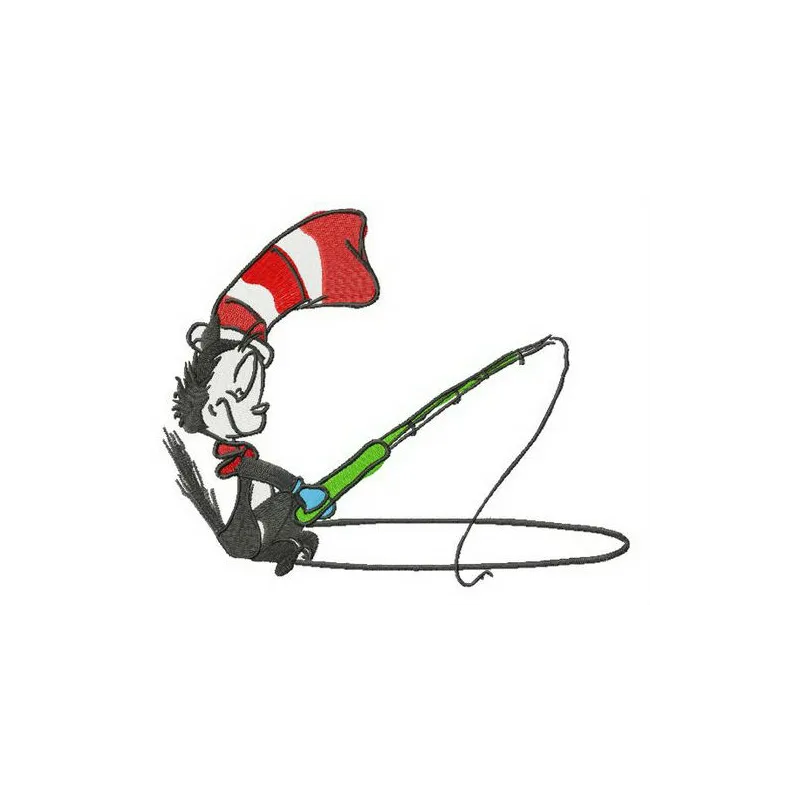 Embroidery design featuring Cat in the Hat fishing, perfect for stitching on t-shirts or tote bags.