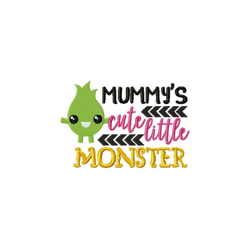Embroidery design featuring the phrase 'Mummy's cute little monster' with playful monster motifs.