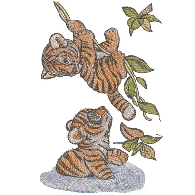 Embroidery design featuring playful tiger cubs in a lush jungle setting, perfect for stitching on various items.