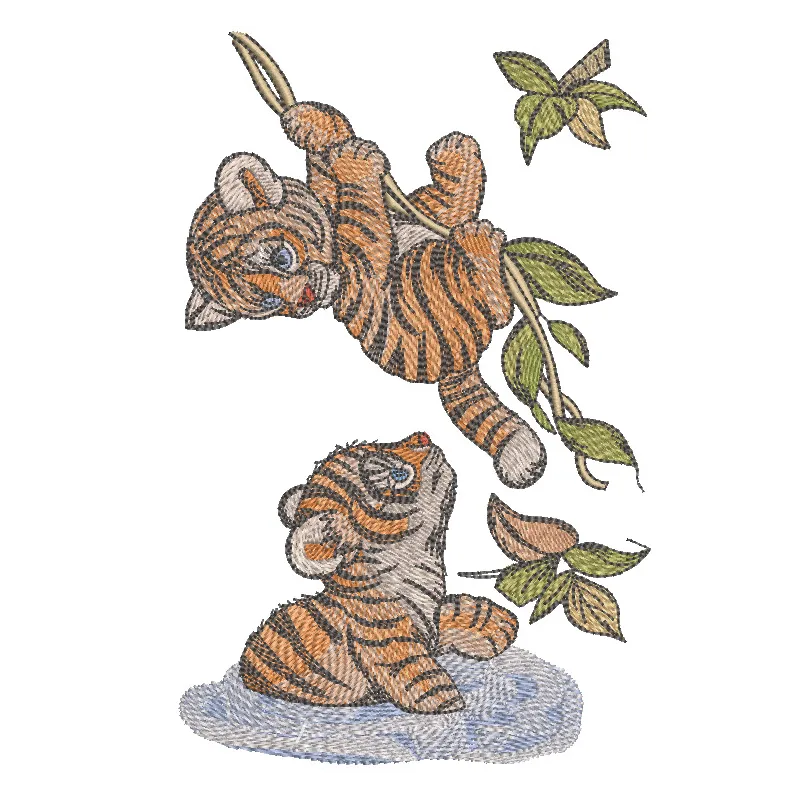 Embroidery design featuring playful tiger cubs in a lush jungle setting, perfect for stitching on various items.