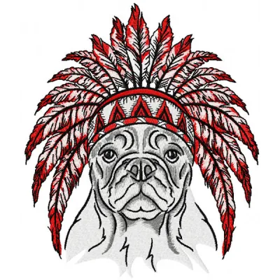 Bulldog wearing a colorful warbonnet in this unique embroidery design for dog lovers.
