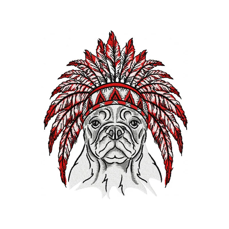 Bulldog wearing a colorful warbonnet in this unique embroidery design for dog lovers.