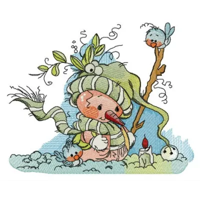 Snowman sunbathing embroidery design showcasing a whimsical winter motif for stitching on t-shirts or towels.