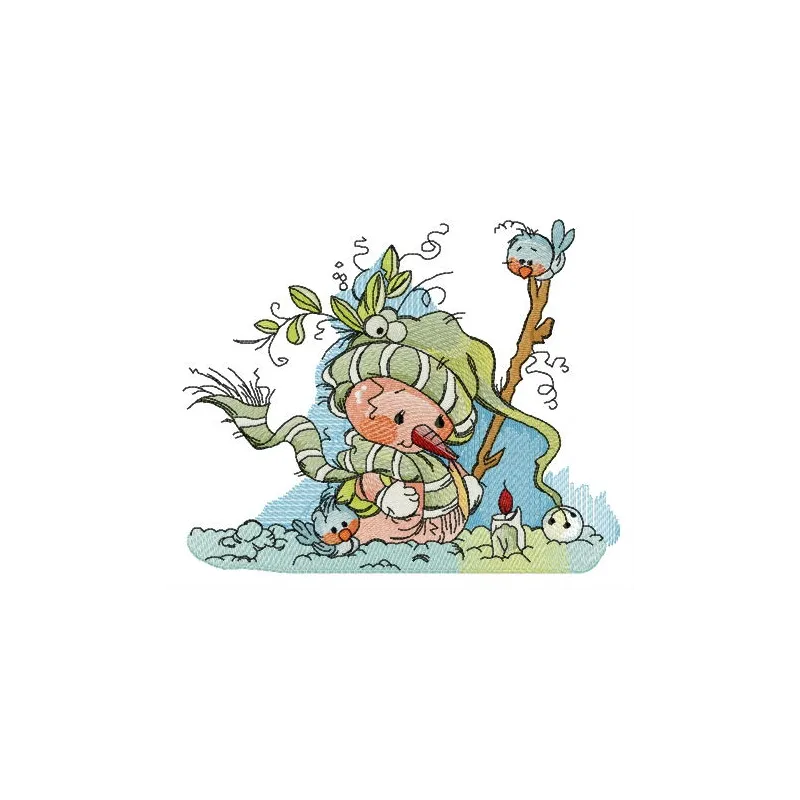 Snowman sunbathing embroidery design showcasing a whimsical winter motif for stitching on t-shirts or towels.