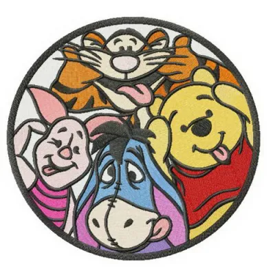 Winnie the Pooh and friends embroidery design featuring Tigger, Eeyore, Piglet, and a Heffalump.