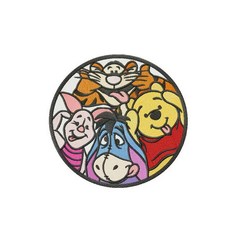 Winnie the Pooh and friends embroidery design featuring Tigger, Eeyore, Piglet, and a Heffalump.