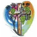 Embroidered grapevine design on a cemetery scene, showcasing intricate stitching patterns for Easter projects.