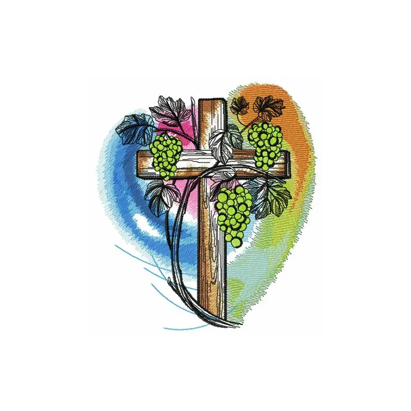 Embroidered grapevine design on a cemetery scene, showcasing intricate stitching patterns for Easter projects.