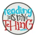 Preview of the 'Reading is my thing' embroidery design inspired by Dr. Seuss, showcasing colorful stitching patterns.