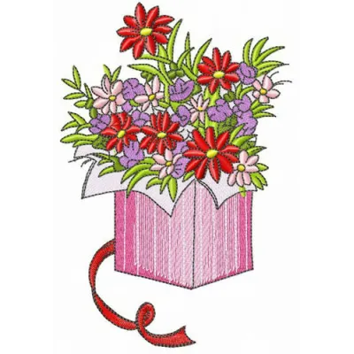 Flower box embroidery design featuring a vibrant floral arrangement, ideal for embellishing home decor items.