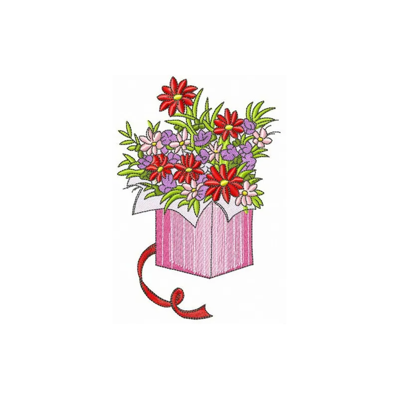 Flower box embroidery design featuring a vibrant floral arrangement, ideal for embellishing home decor items.