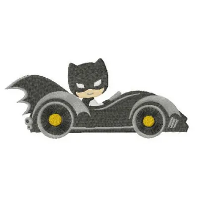 Embroidery design featuring Batman and the Batmobile, perfect for stitching on t-shirts or hoodies.
