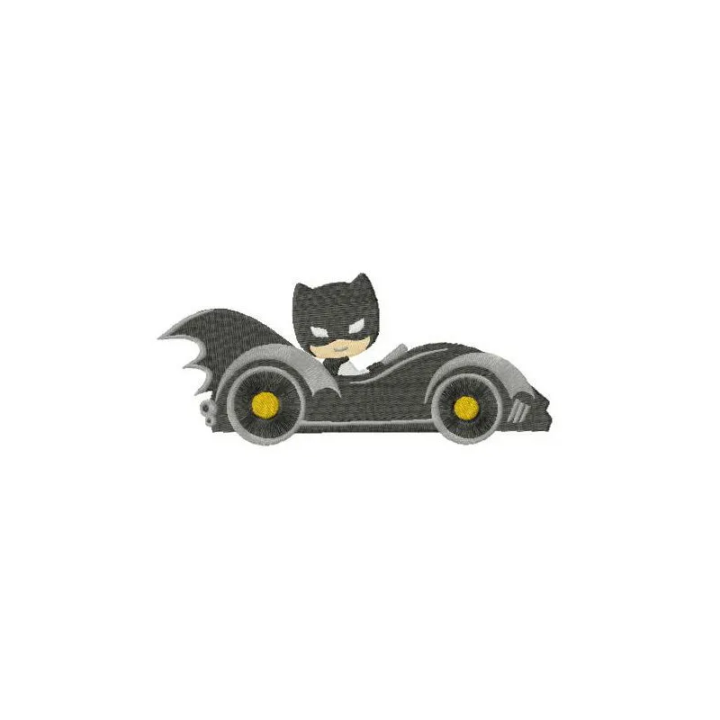Embroidery design featuring Batman and the Batmobile, perfect for stitching on t-shirts or hoodies.