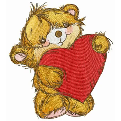 Fluffy bear holding a heart pillow embroidery design for stitching on home decor items