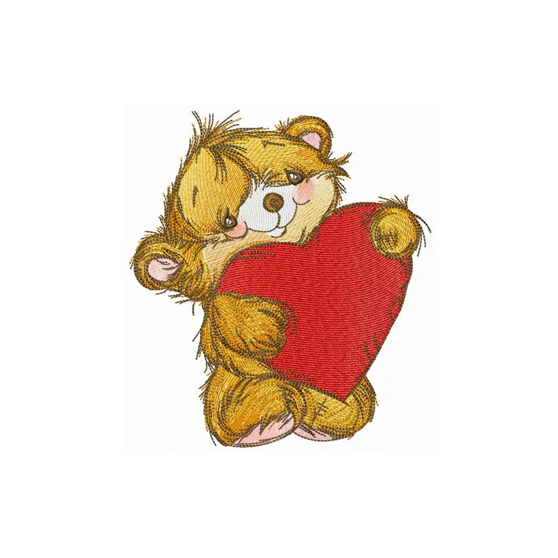 Fluffy bear holding a heart pillow embroidery design for stitching on home decor items