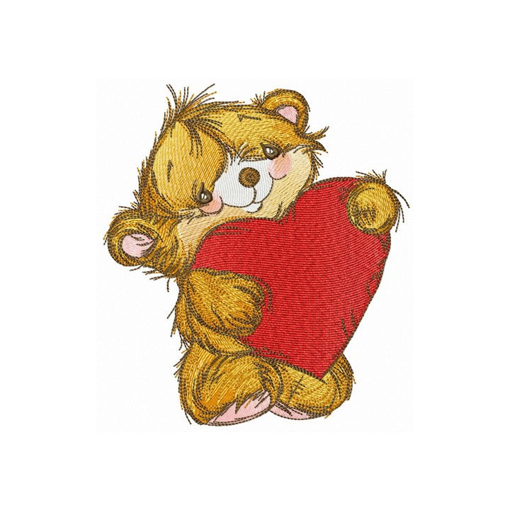 Fluffy bear with heart pillow embroidery design - Embroidery Design