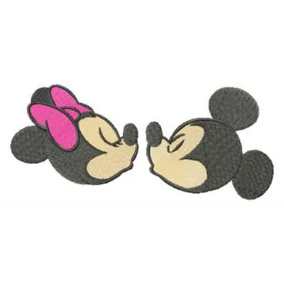 Mickey and Minnie first kiss embroidery design featuring charming stitched motifs of the beloved characters.