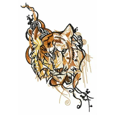Gloomy tiger embroidery design preview showcasing a detailed stitched motif of a tiger in a moody style.