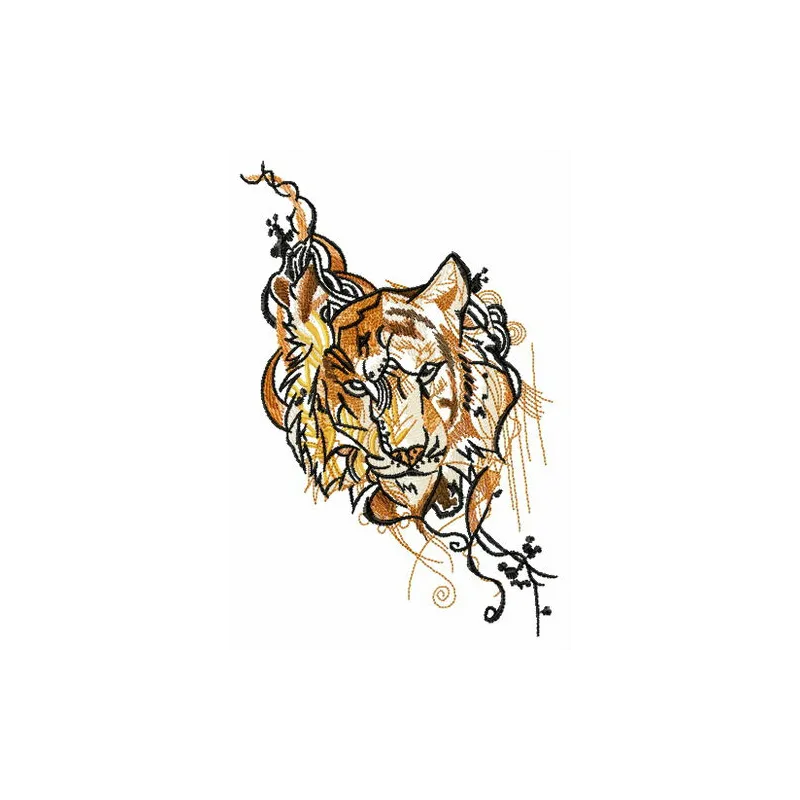 Gloomy tiger embroidery design preview showcasing a detailed stitched motif of a tiger in a moody style.