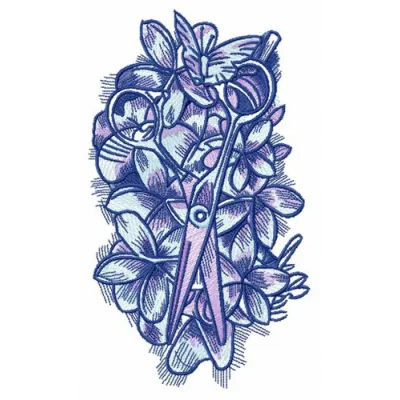 Embroidery design of scissors nestled in a vibrant flower bed, perfect for adding charm to craft projects.