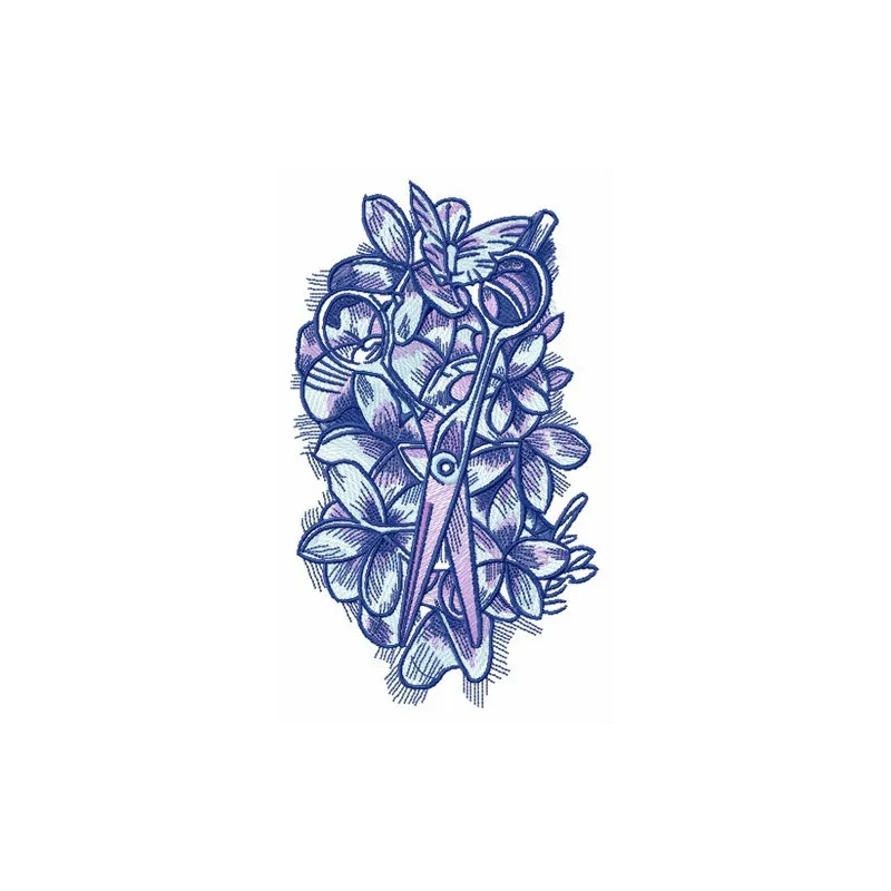 Embroidery design of scissors nestled in a vibrant flower bed, perfect for adding charm to craft projects.