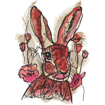 Rabbit among tulips embroidery design featuring a charming bunny surrounded by colorful flowers.