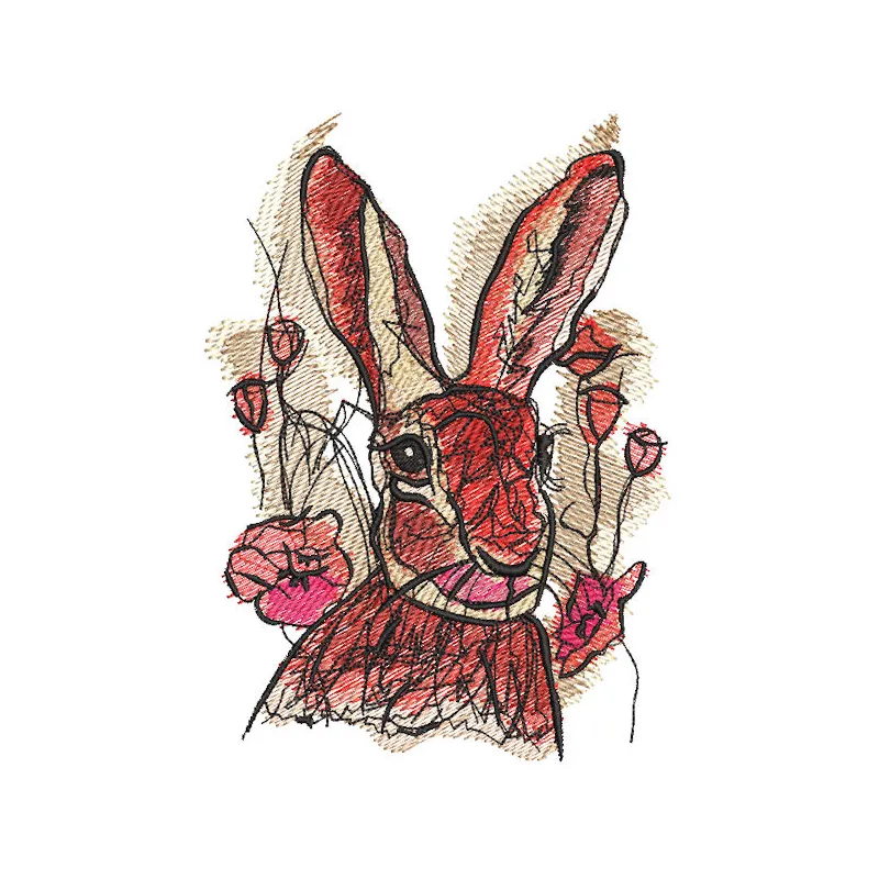 Rabbit among tulips embroidery design featuring a charming bunny surrounded by colorful flowers.