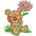 Colorful bear botanist embroidery design featuring a teddy bear surrounded by various plants and flowers.