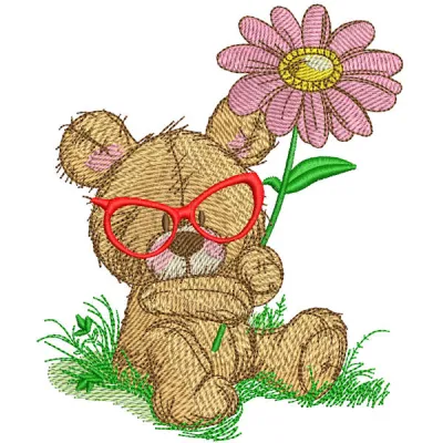 Colorful bear botanist embroidery design featuring a teddy bear surrounded by various plants and flowers.