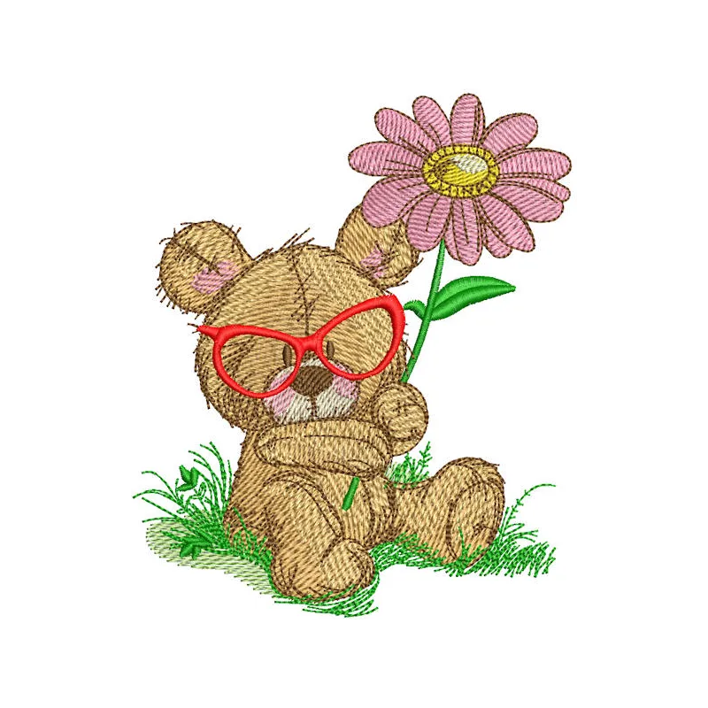 Colorful bear botanist embroidery design featuring a teddy bear surrounded by various plants and flowers.