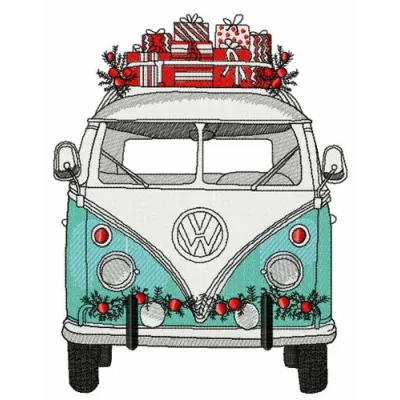 Preview of a Christmas hippie van embroidery design featuring festive elements, perfect for holiday projects.
