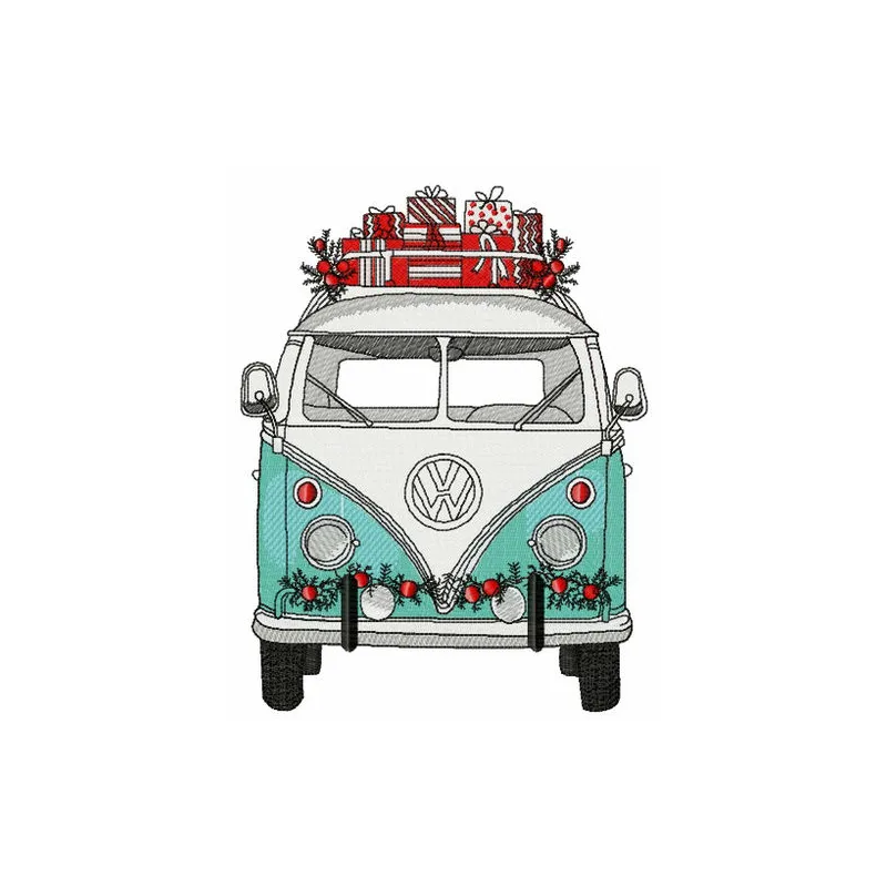 Preview of a Christmas hippie van embroidery design featuring festive elements, perfect for holiday projects.