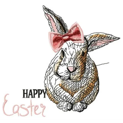 Happy Easter bunny girl embroidery design featuring a cheerful bunny in a festive setting, ideal for seasonal projects.
