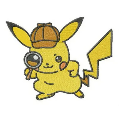 Pikachu Sherlock embroidery design featuring a detective Pikachu, perfect for stitching on t-shirts or tote bags.