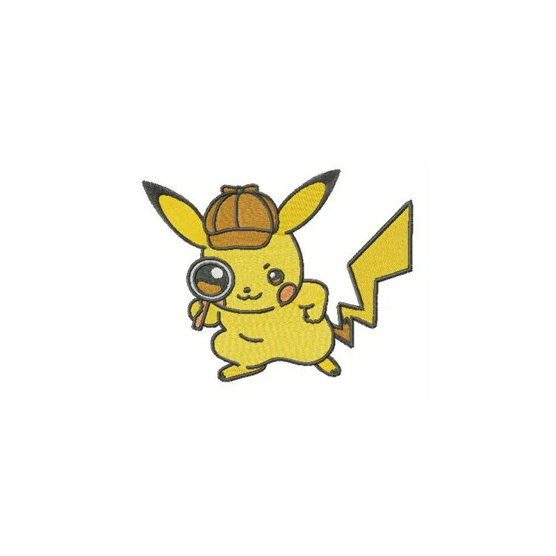 Pikachu Sherlock embroidery design featuring a detective Pikachu, perfect for stitching on t-shirts or tote bags.