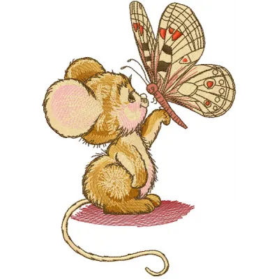 Preview of a charming mouse and butterfly embroidery design, perfect for adding whimsy to your projects.