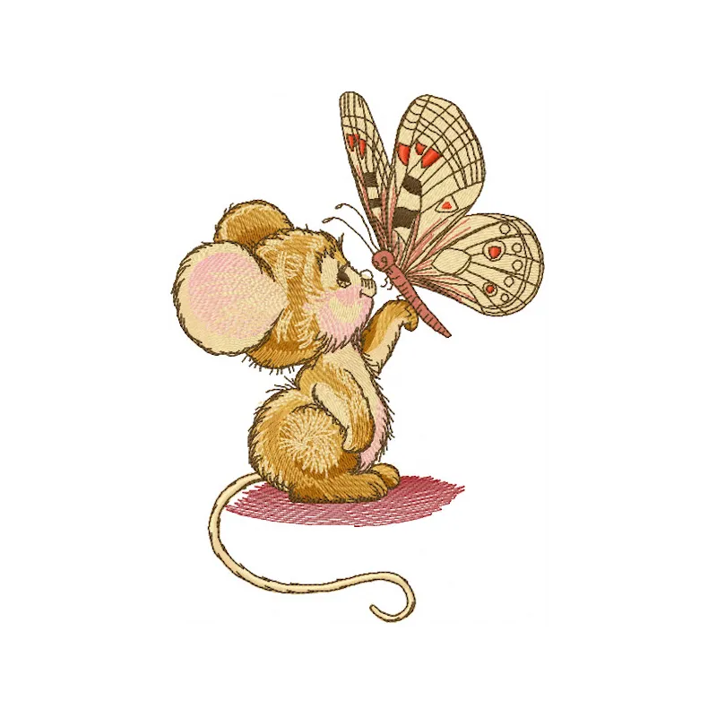 Preview of a charming mouse and butterfly embroidery design, perfect for adding whimsy to your projects.