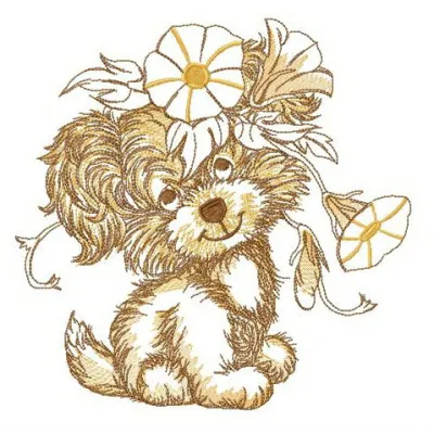 Embroidery design of a puppy adorned with a bindweed wreath, perfect for dog-themed projects and gifts.