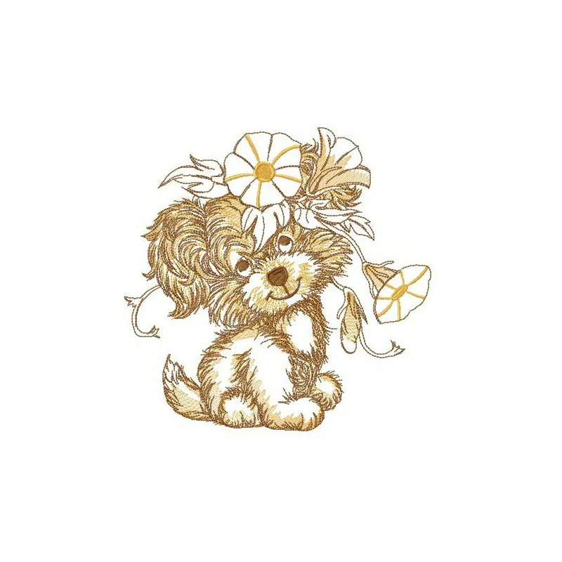 Embroidery design of a puppy adorned with a bindweed wreath, perfect for dog-themed projects and gifts.