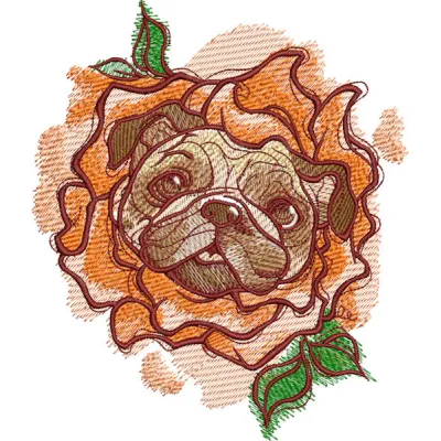 Rose costume embroidery design for pug dogs, showcasing a charming stitched motif for pet lovers.