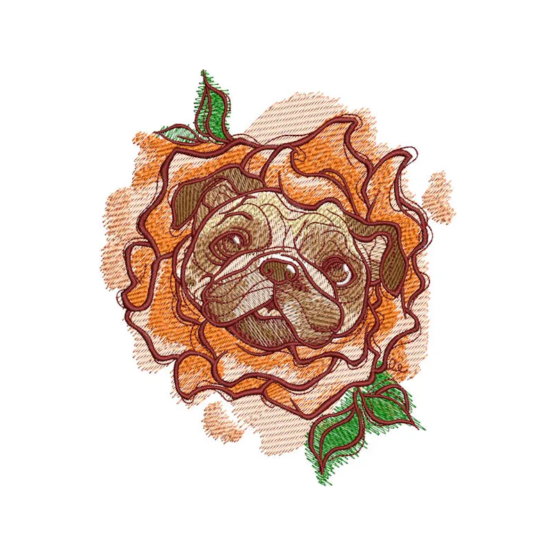 Rose costume embroidery design for pug dogs, showcasing a charming stitched motif for pet lovers.