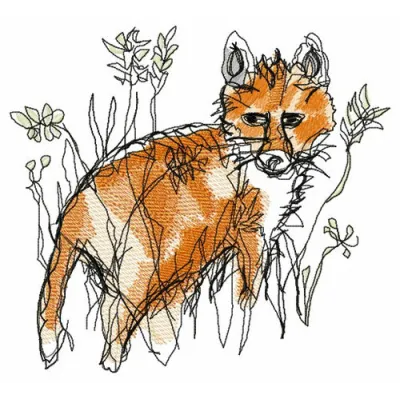 Fox hunting embroidery design preview showcasing a charming fox motif for stitching on apparel and home decor.