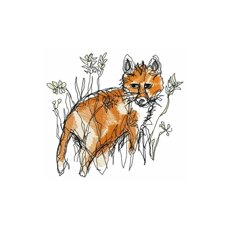 Fox hunting embroidery design preview showcasing a charming fox motif for stitching on apparel and home decor.