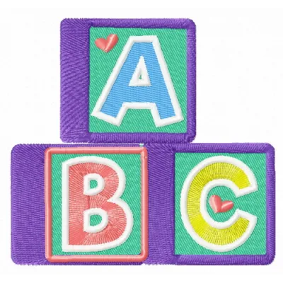 Preview of ABC cubes embroidery design featuring colorful stitched motifs for toy projects.