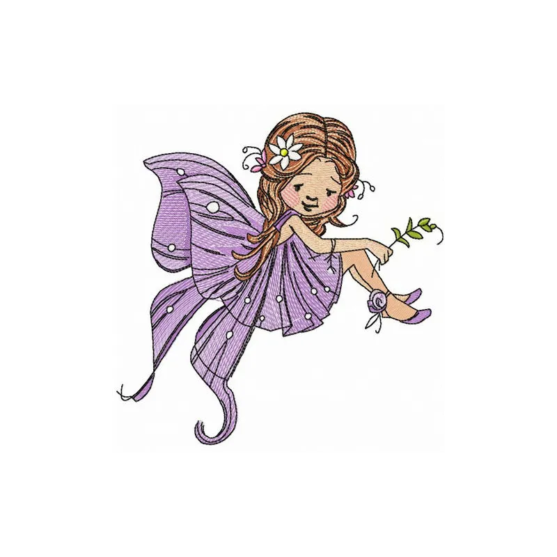 Preview of a whimsical purple winged fairy embroidery design, perfect for adding charm to garments and accessories.