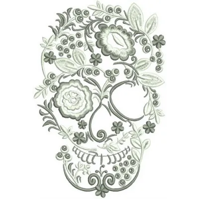 Floral and berry embellished skull embroidery design showcasing intricate stitching patterns.