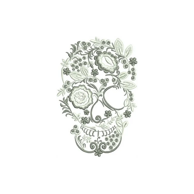 Floral and berry embellished skull embroidery design showcasing intricate stitching patterns.