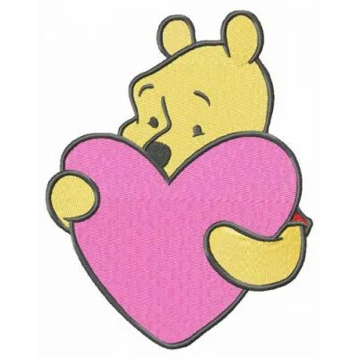Winnie the Pooh embroidery design featuring a pink heart, perfect for creating charming stitched motifs on apparel.