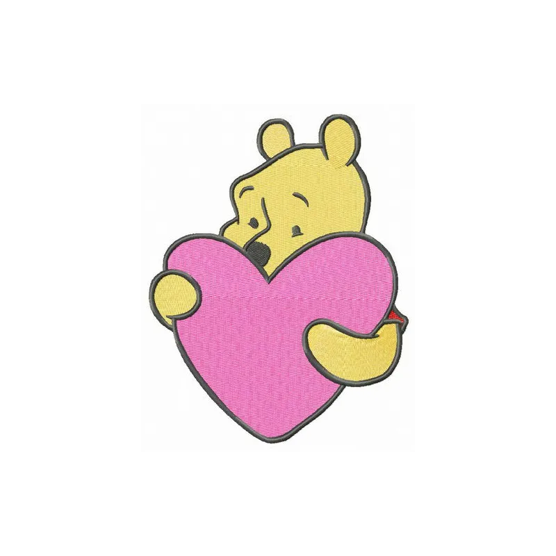 Winnie the Pooh embroidery design featuring a pink heart, perfect for creating charming stitched motifs on apparel.