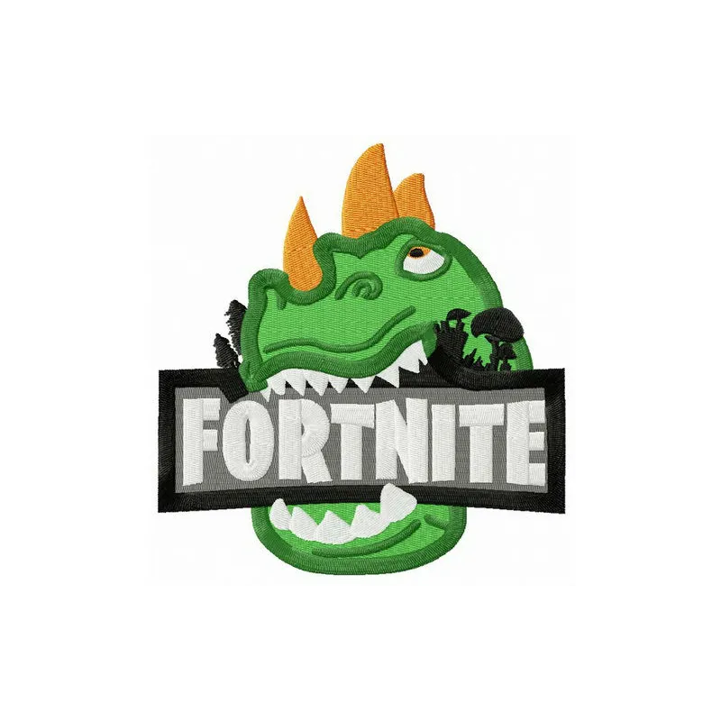 Fortnite dinosaur embroidery design featuring a playful dino character, ideal for stitching on t-shirts and hoodies.